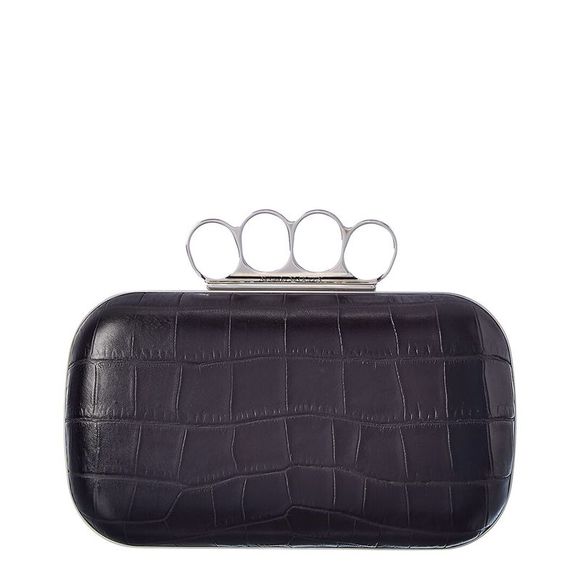Alexander McQueen Handbags - Alexander Mcqueen Skull Four-Ring Croc Embossed Leather Clutch, Black